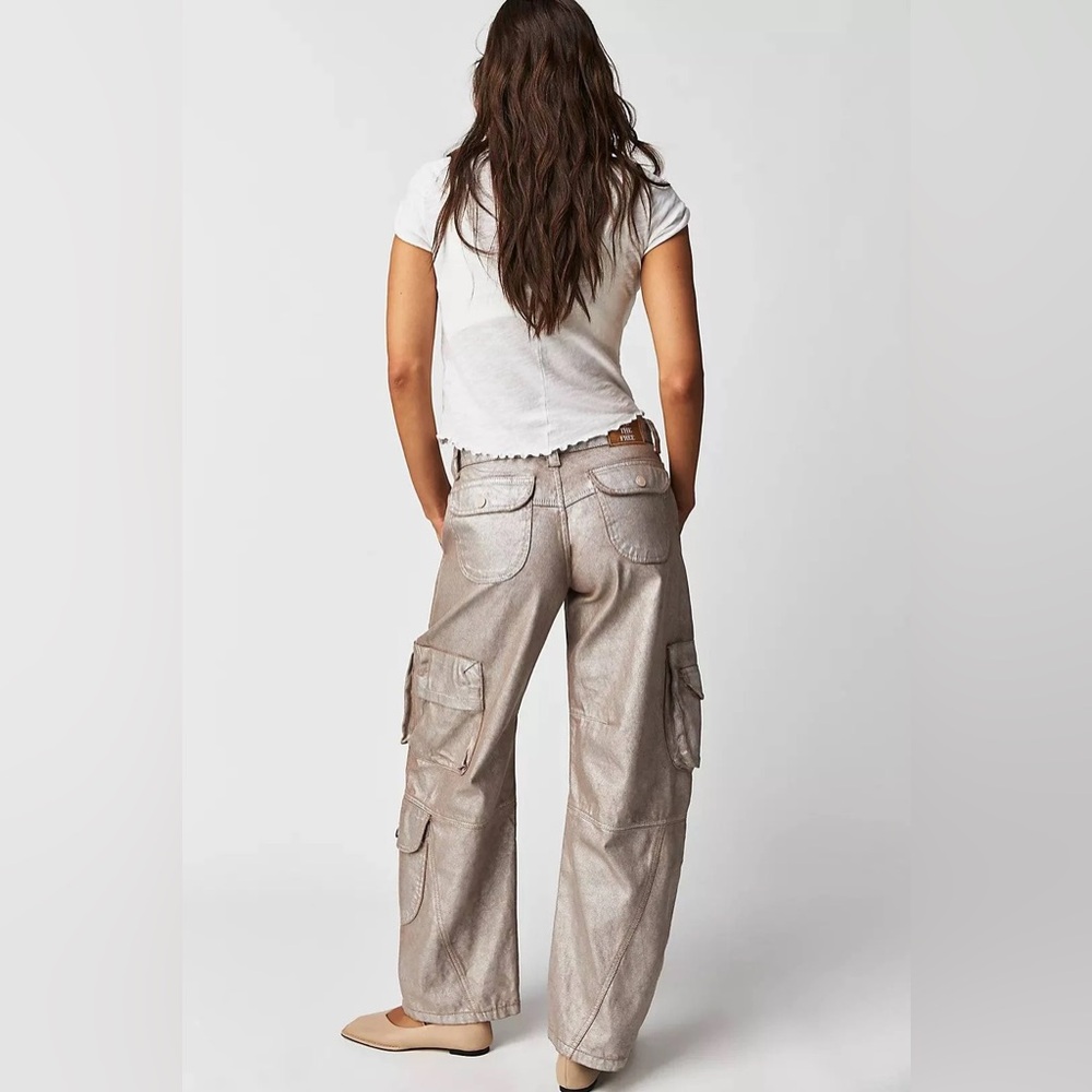 NWOT FREE PEOPLE We The Free Lap Of Luxury Metallic Cargo Pants In Foxy $228MSRP